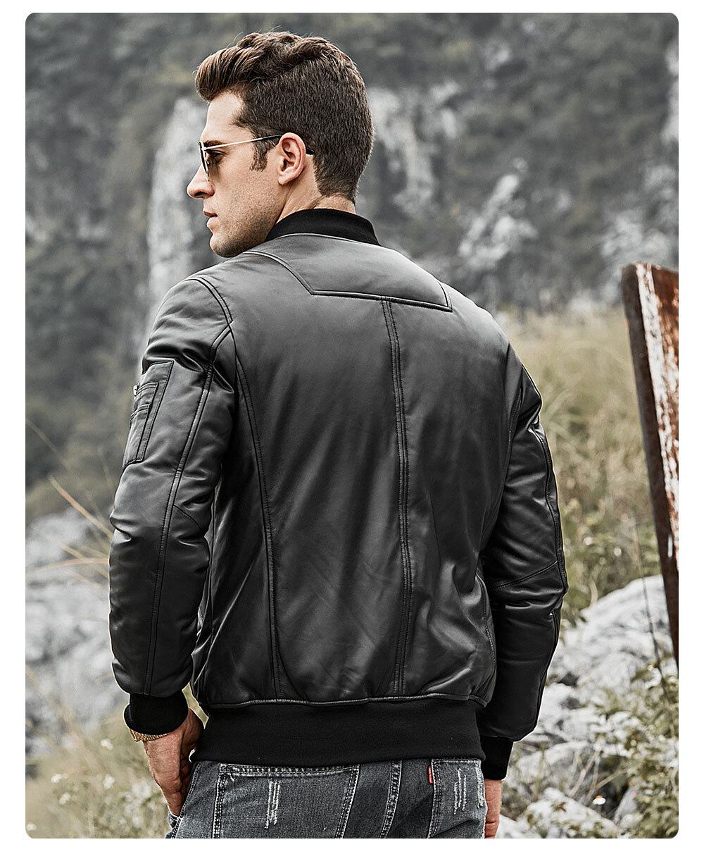 Men's Lambskin Leather Bomber Jacket Black 202 100% polyester lambskin leather bomber jacket| 100% polyester lambskin leather bomber jacket brands