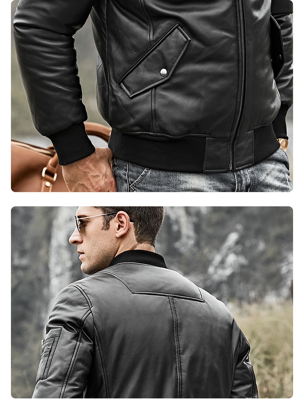 Men's Lambskin Leather Bomber Jacket Black 202 100% polyester lambskin leather bomber jacket| 100% polyester lambskin leather bomber jacket brands