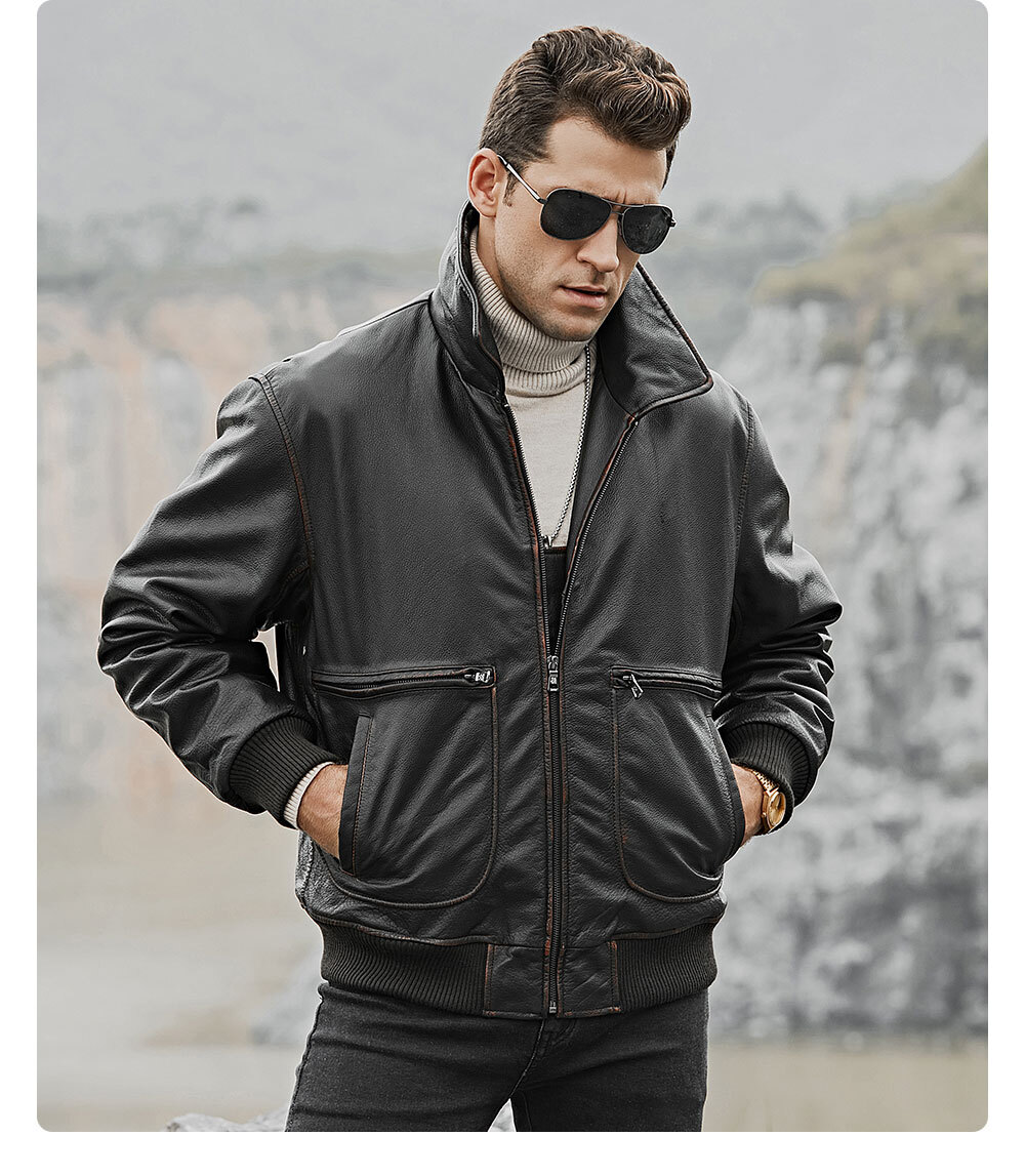 Men's Cowhide Leather Bomber Jacket Avaioter Coat 100% polyester cowhide leather bomber coat| 100% polyester cowhide leather bomber coat brands