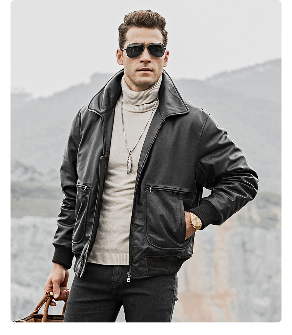 Men's Cowhide Leather Bomber Jacket Avaioter Coat 100% polyester cowhide leather bomber coat| 100% polyester cowhide leather bomber coat brands