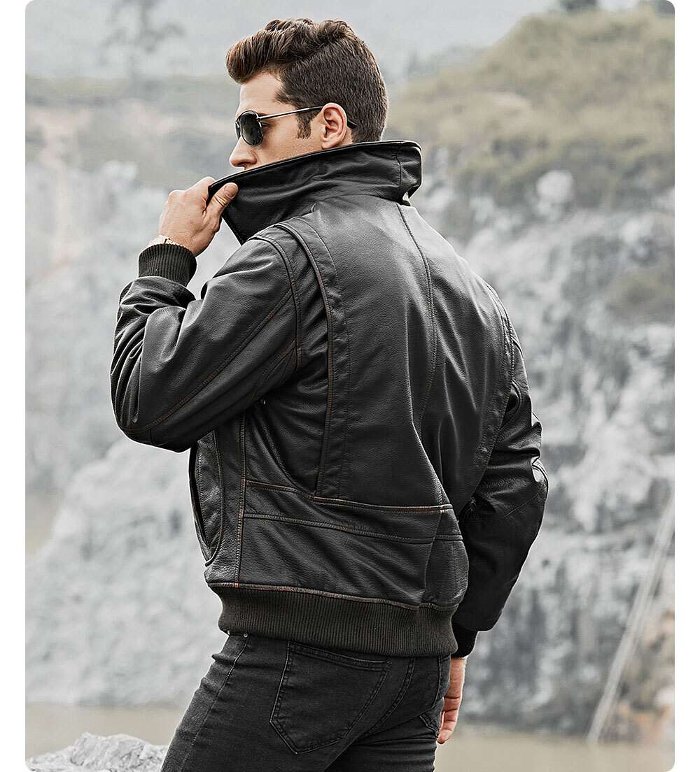 Men's Cowhide Leather Bomber Jacket Avaioter Coat 100% polyester cowhide leather bomber coat| 100% polyester cowhide leather bomber coat brands