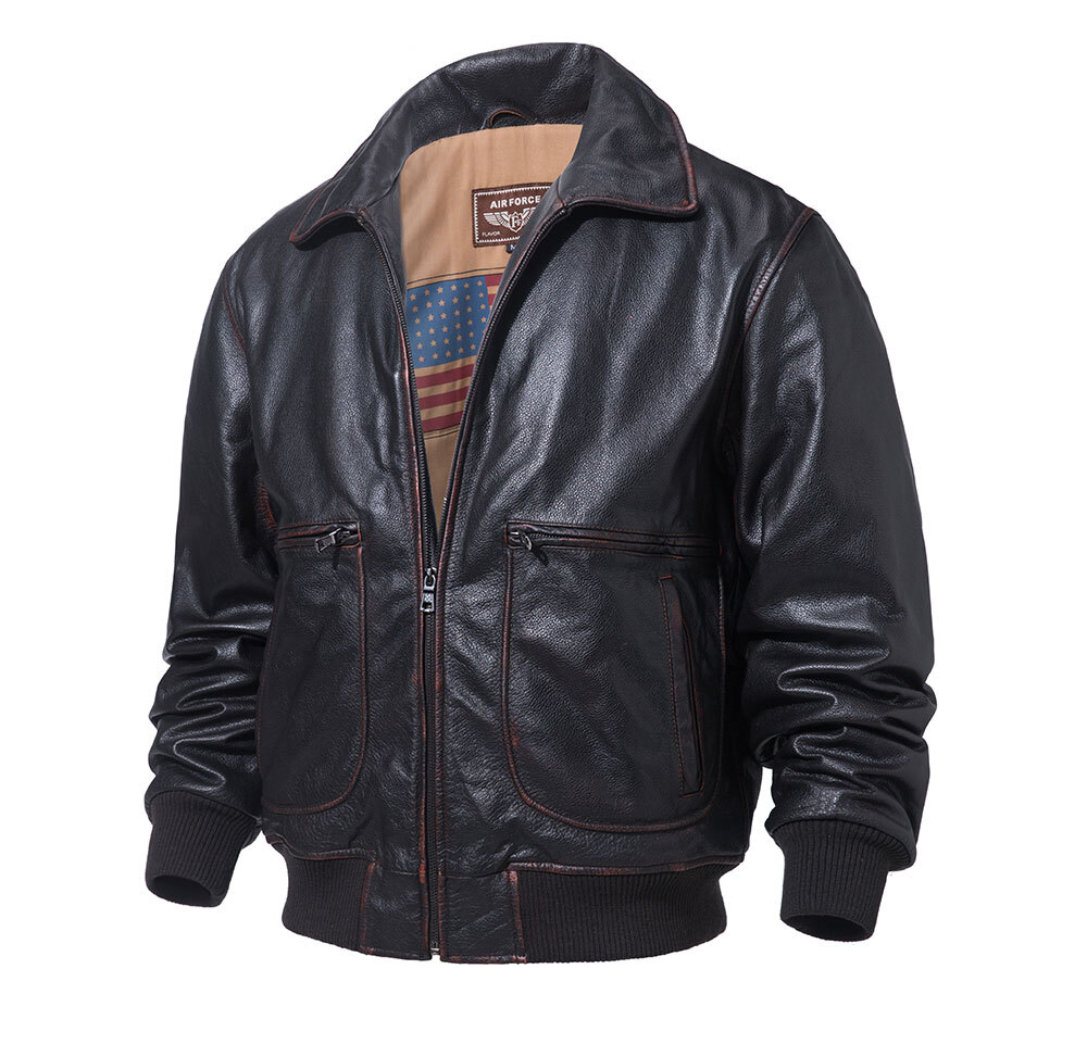 Men's Cowhide Leather Bomber Jacket Avaioter Coat 100% polyester cowhide leather bomber coat| 100% polyester cowhide leather bomber coat brands