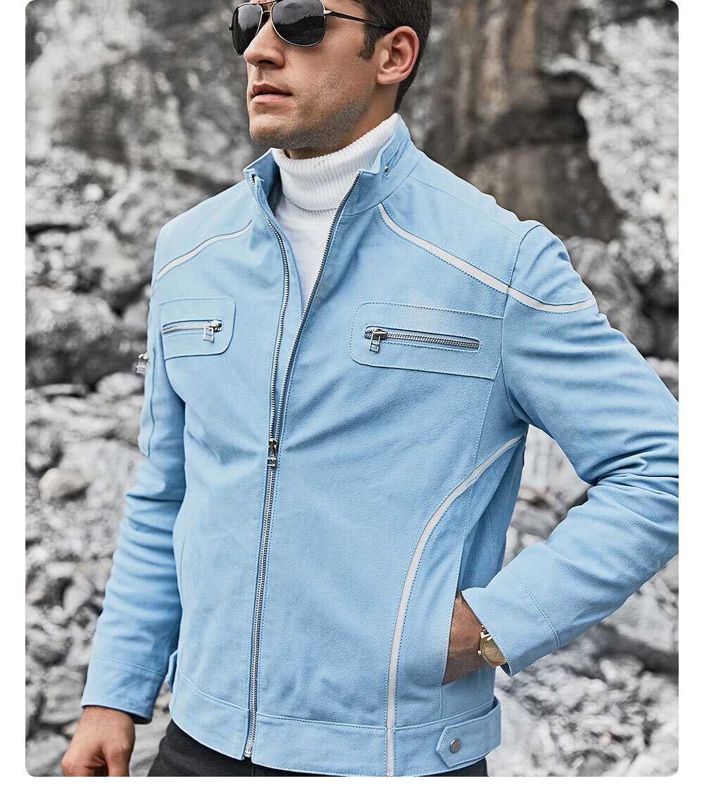 Men's Blue Real Leather Jacket Buy 100% polyester flavor leather denim jacket| newest leather removable hooded jacket