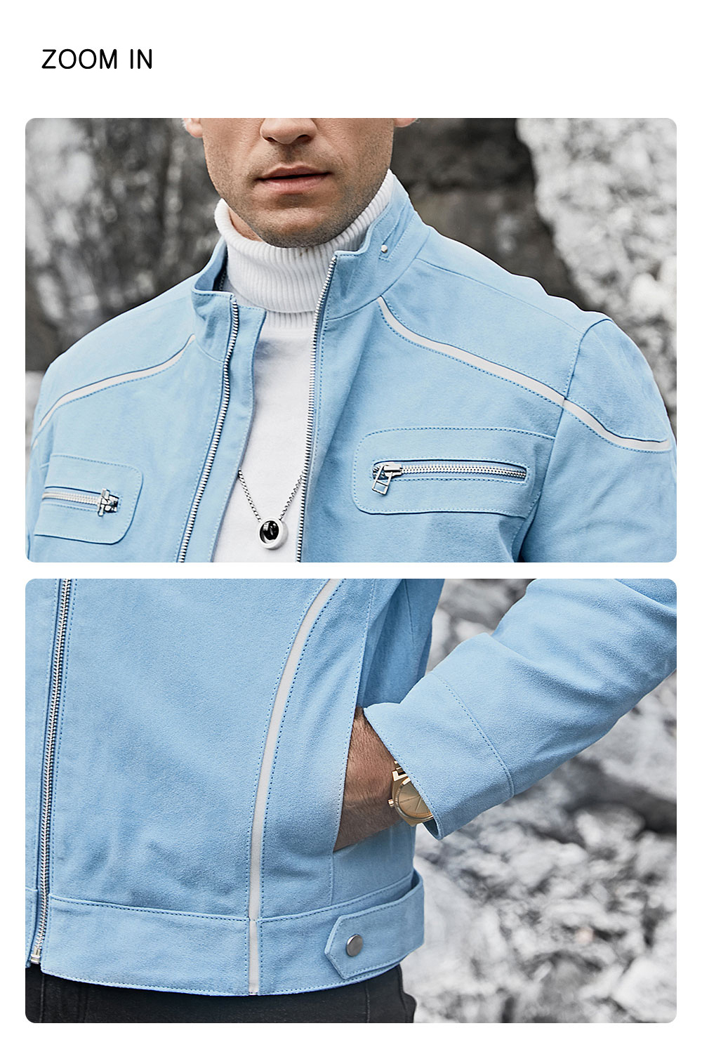 Men's Blue Real Leather Jacket Buy 100% polyester flavor leather denim jacket| newest leather removable hooded jacket