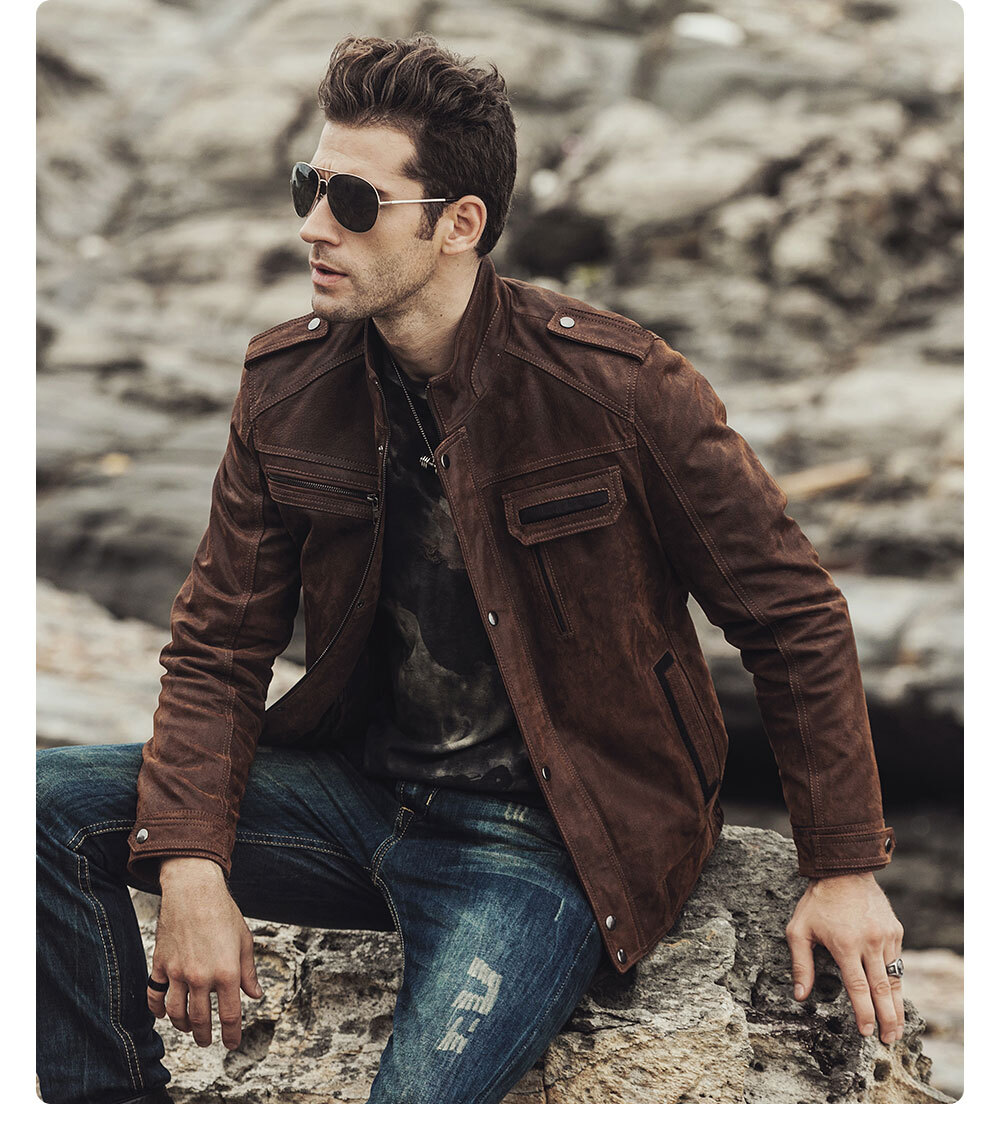 Men's Leather Jacket Brown Biker with multi Pockets M2017-20 Fashion flavor leather jacket brown biker| 100% polyester flavor leather jacket brown biker brands