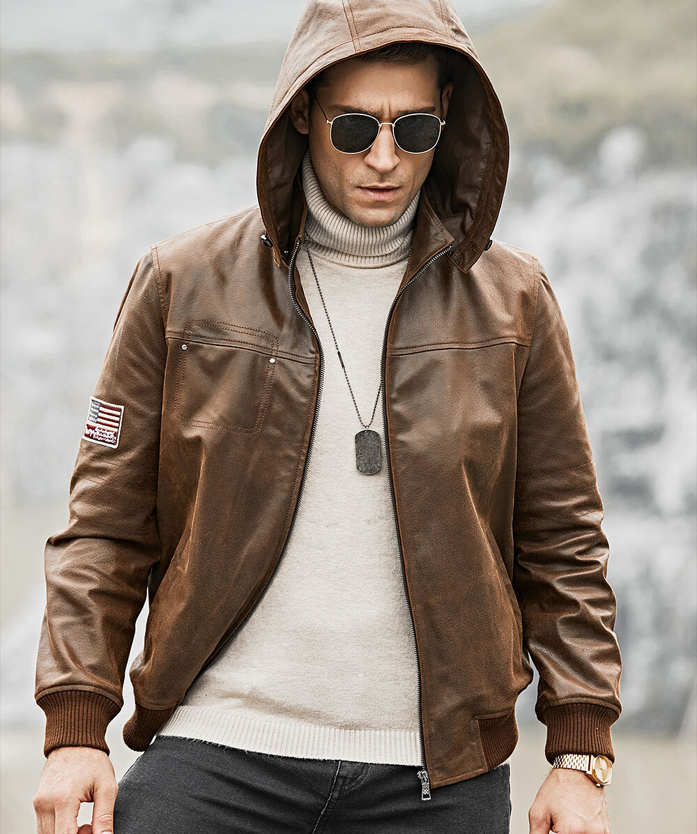 Men's Brown Leather Jacket Removable Hooded 204 Fashion removable hooded leather moto jacket| 100% polyester leather removable hooded jacket