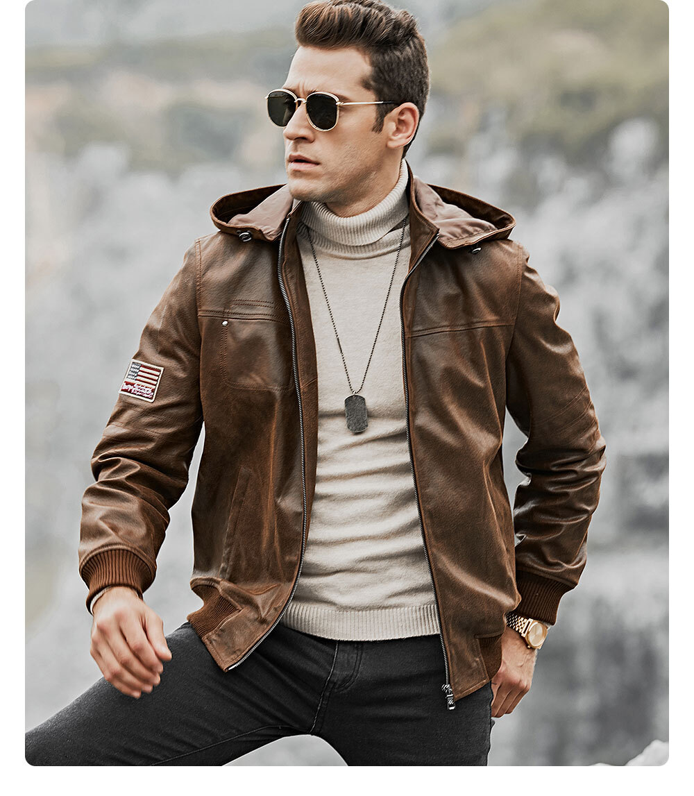 Men's Brown Leather Jacket Removable Hooded 204 Fashion removable hooded leather moto jacket| 100% polyester leather removable hooded jacket