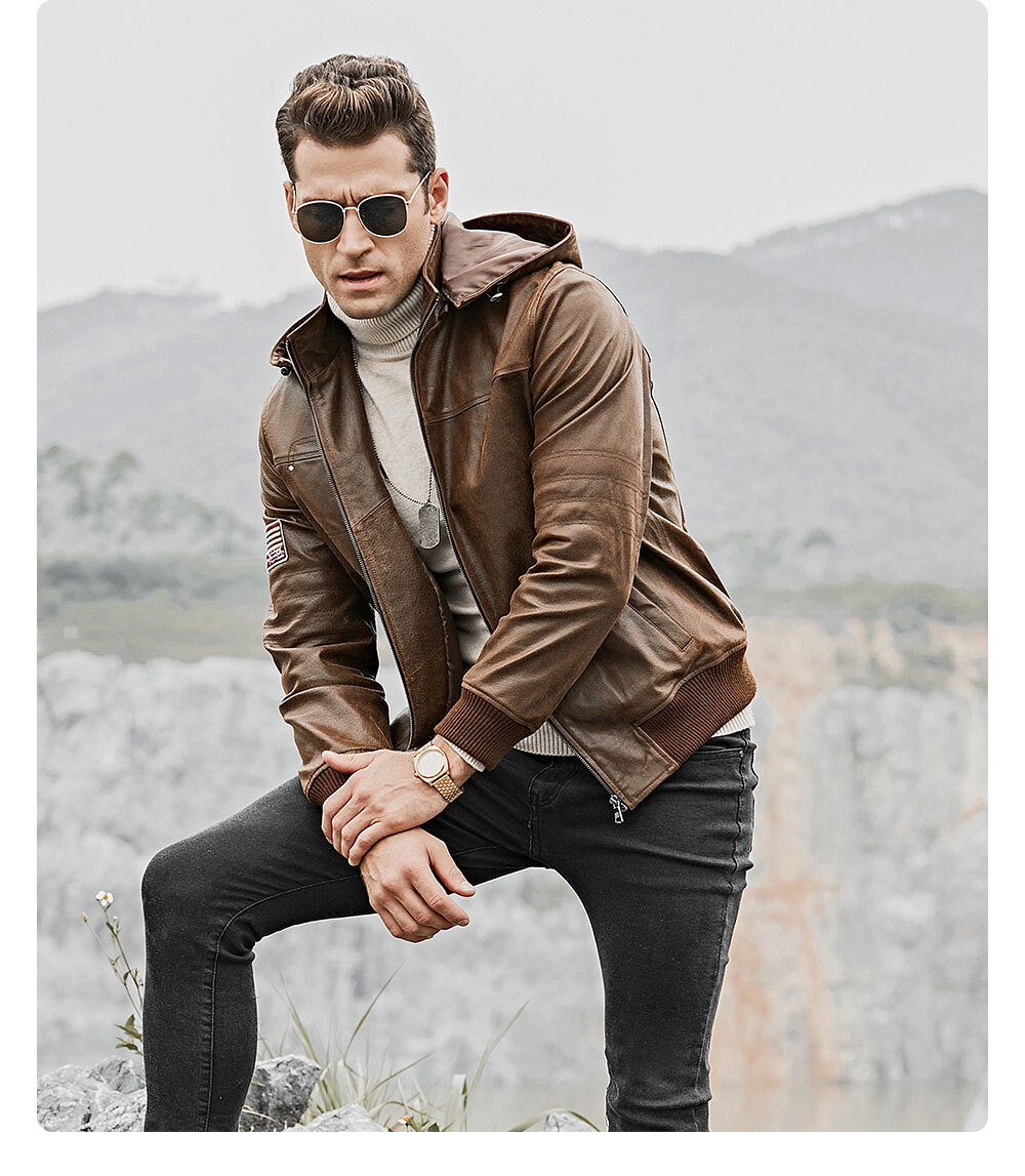 Men's Brown Leather Jacket Removable Hooded 204 Fashion removable hooded leather moto jacket| 100% polyester leather removable hooded jacket