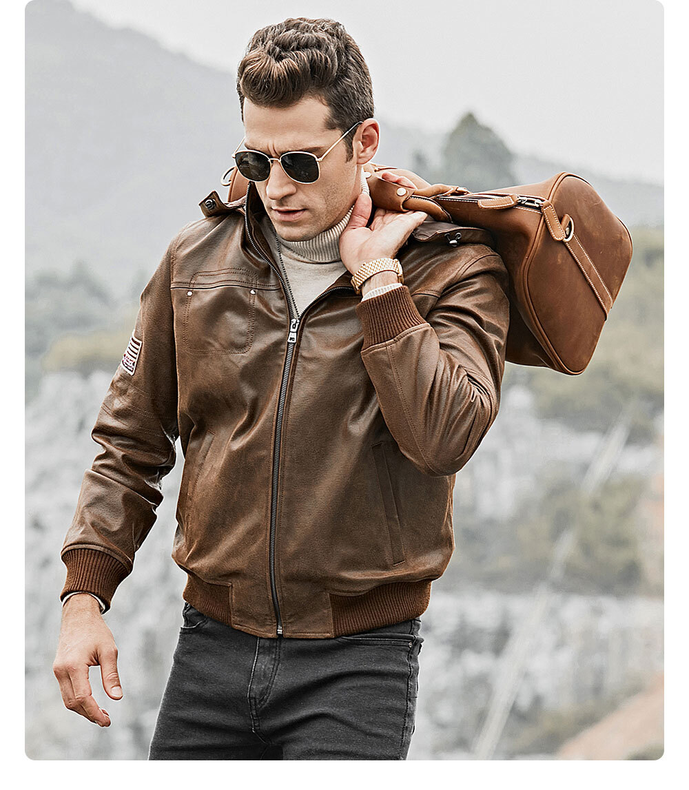 Men's Brown Leather Jacket Removable Hooded 204 Fashion removable hooded leather moto jacket| 100% polyester leather removable hooded jacket