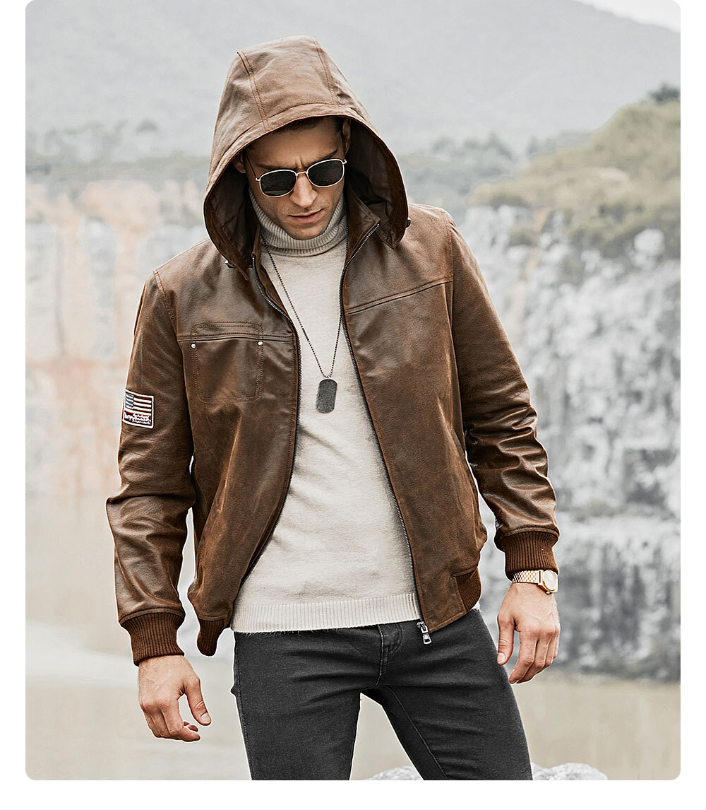 Men's Brown Leather Jacket Removable Hooded 204 Fashion removable hooded leather moto jacket| 100% polyester leather removable hooded jacket