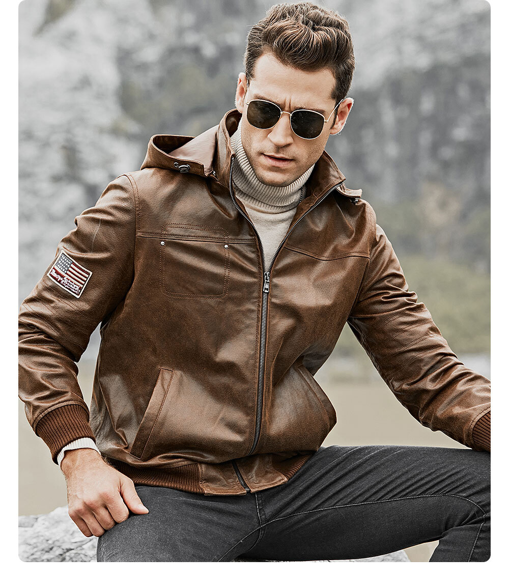 Men's Brown Leather Jacket Removable Hooded 204 Fashion removable hooded leather moto jacket| 100% polyester leather removable hooded jacket