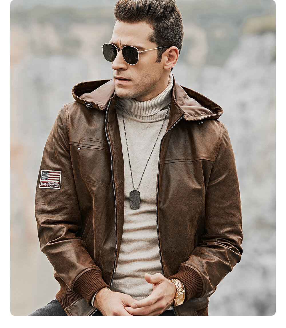 Men's Brown Leather Jacket Removable Hooded 204 Fashion removable hooded leather moto jacket| 100% polyester leather removable hooded jacket