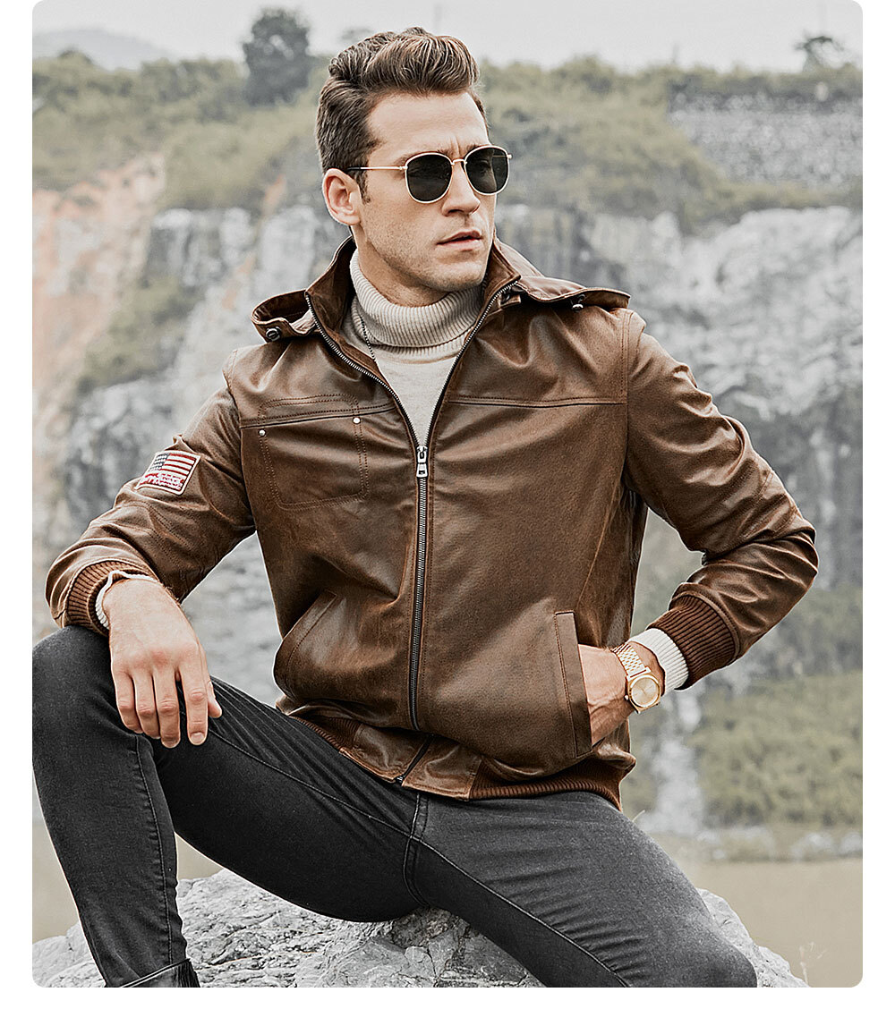 Men's Brown Leather Jacket Removable Hooded 204 Fashion removable hooded leather moto jacket| 100% polyester leather removable hooded jacket