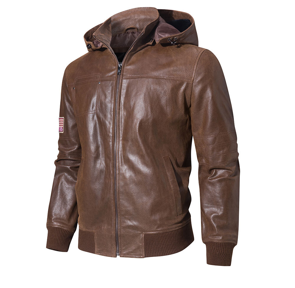 Men's Brown Leather Jacket Removable Hooded 204 Fashion removable hooded leather moto jacket| 100% polyester leather removable hooded jacket