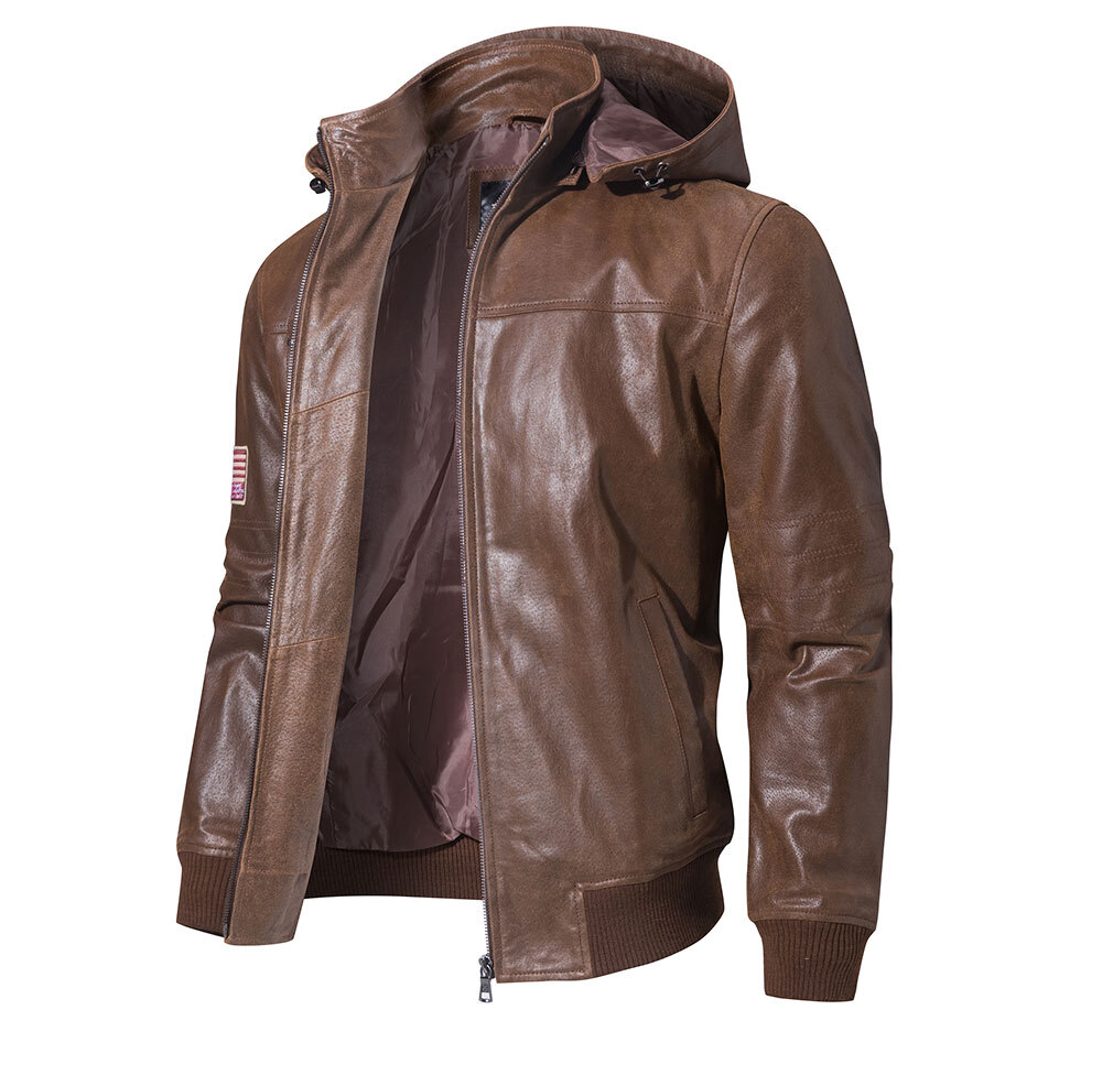 Men's Brown Leather Jacket Removable Hooded 204 Fashion removable hooded leather moto jacket| 100% polyester leather removable hooded jacket