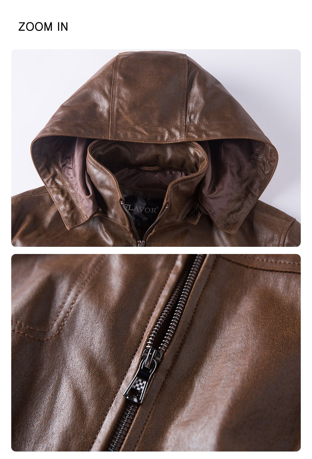 Men's Brown Leather Jacket Removable Hooded 204 Fashion removable hooded leather moto jacket| 100% polyester leather removable hooded jacket