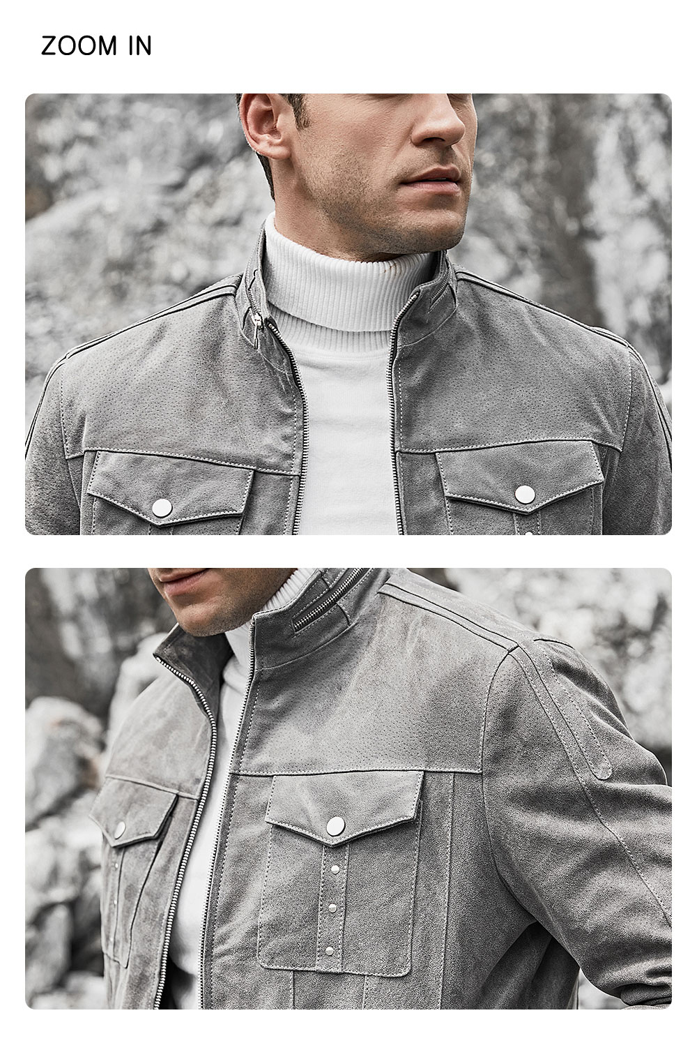 Men's Gray Leather Jacket Stand Collar 205 Buy subtly worn genuine stand collar jackets| discount subtly worn genuine stand collar jackets