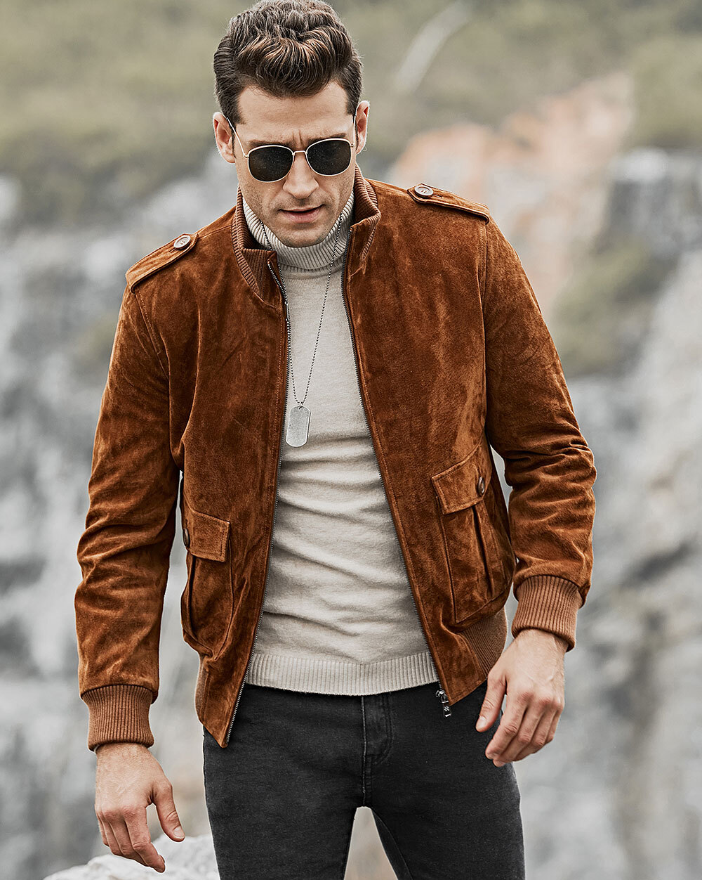 Men's Leather Jacket Stand Collar Rib botton and Cuff  177 Fashion genuine stand collar rib botton jacket| fashion flavor leather stand collar rib button jacket