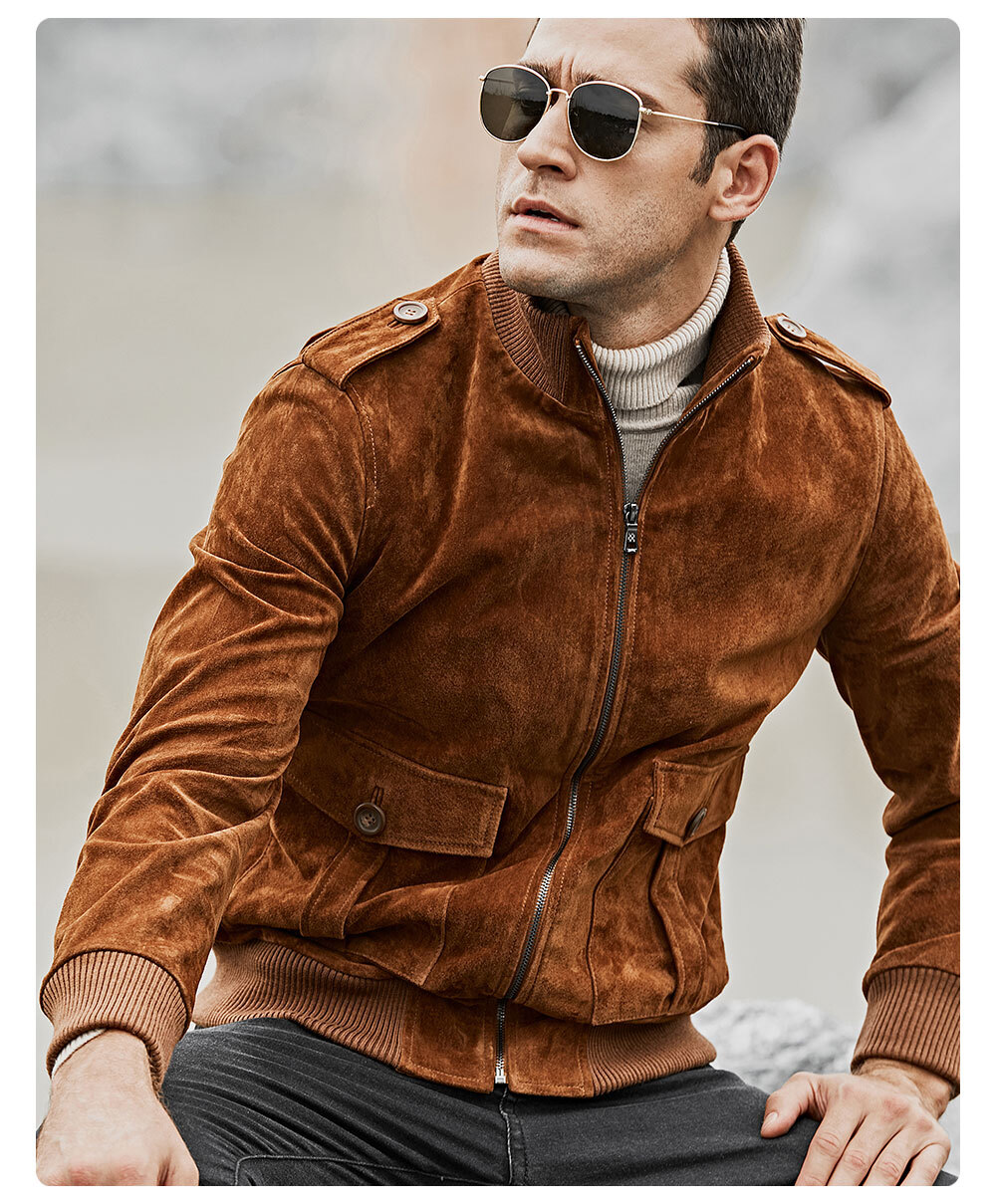 Men's Leather Jacket Stand Collar Rib botton and Cuff  177 Fashion genuine stand collar rib botton jacket| fashion flavor leather stand collar rib button jacket