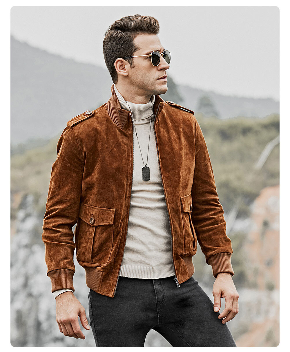 Men's Leather Jacket Stand Collar Rib botton and Cuff  177 Fashion genuine stand collar rib botton jacket| fashion flavor leather stand collar rib button jacket