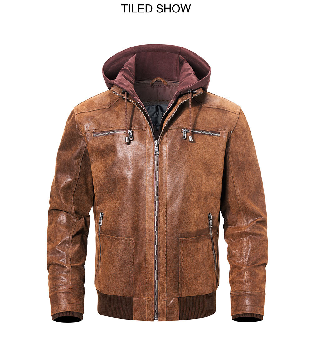 New Men's Brown Leather Jacket Genuine Leather Men Motorcycle With Removable Hood Warm For Men MXGX317 