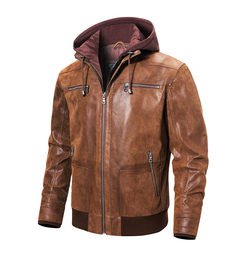 New Men's Brown Leather Jacket Genuine Leather Men Motorcycle With Removable Hood Warm For Men MXGX317 
