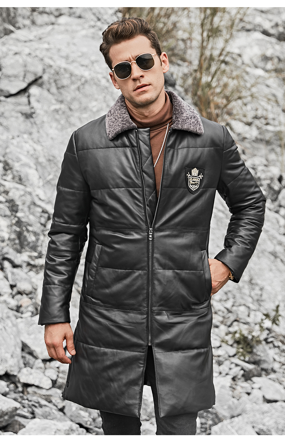 FLAVOR Men's Real Leather Down Coat Lambskin Jacket with Removable Sheep Fur Collar 191 