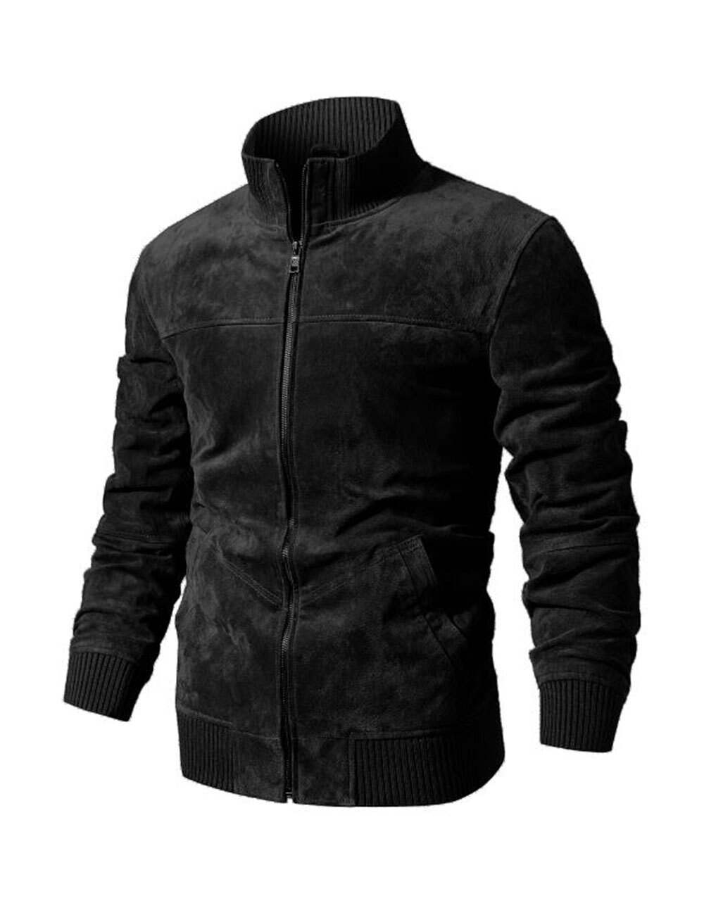 FLAVOR Men's Real Leather Jacket Pigskin Genuine Leather Coat With Rib Cuff Standing Collar 15-23B 