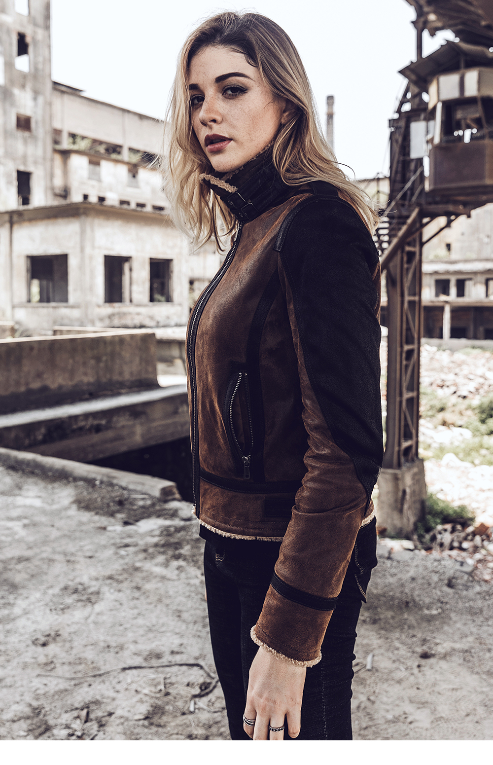 FLAVOR Women Real Leather Jacket with Faux Fur Shearling Genuine Leather Motorcycle Jacket W17-60 