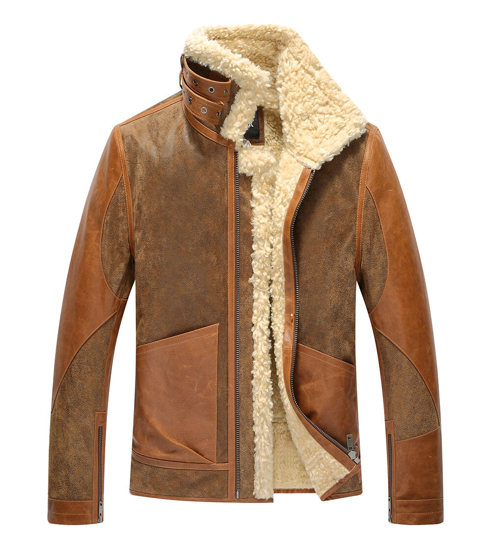 FLAVOR Mens Leather Bomber Jacket Warm Piolt Winter Shearling Jackets Aviator Coat MXGX22-1 