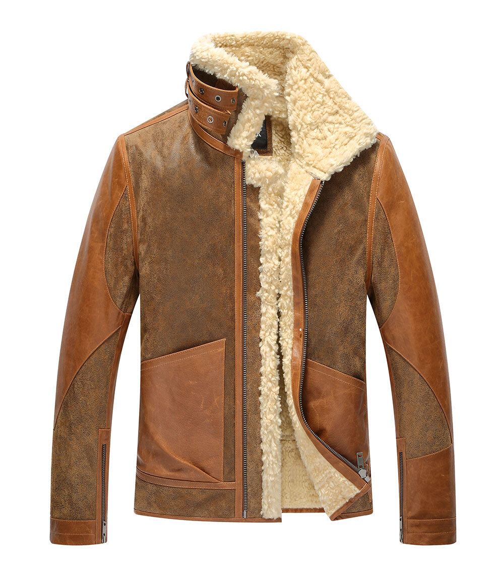 FLAVOR Mens Leather Bomber Jacket Warm Piolt Winter Shearling Jackets Aviator Coat MXGX22-1 