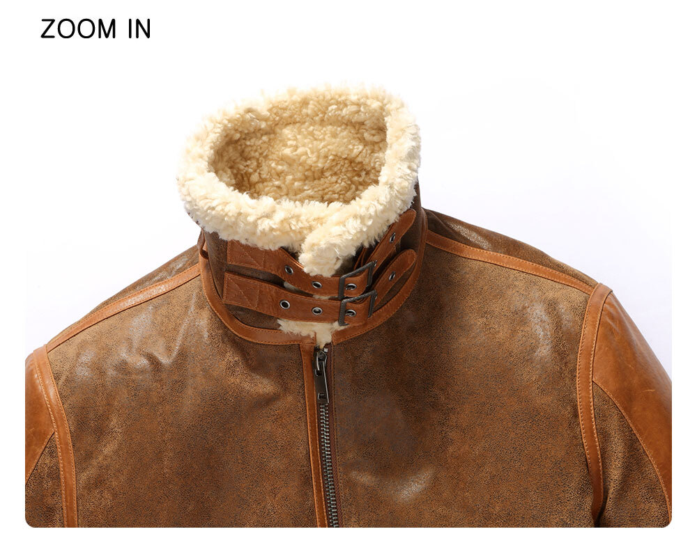 FLAVOR Mens Leather Bomber Jacket Warm Piolt Winter Shearling Jackets Aviator Coat MXGX22-1 