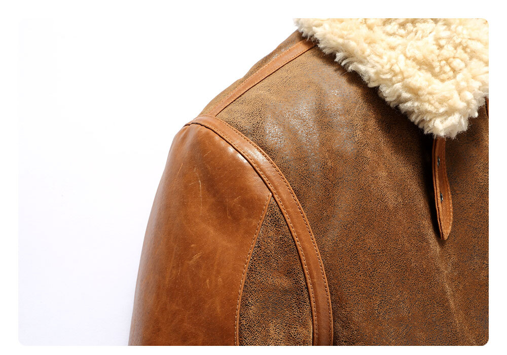 FLAVOR Mens Leather Bomber Jacket Warm Piolt Winter Shearling Jackets Aviator Coat MXGX22-1 