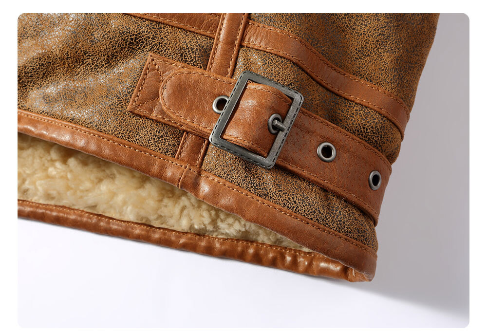 FLAVOR Mens Leather Bomber Jacket Warm Piolt Winter Shearling Jackets Aviator Coat MXGX22-1 