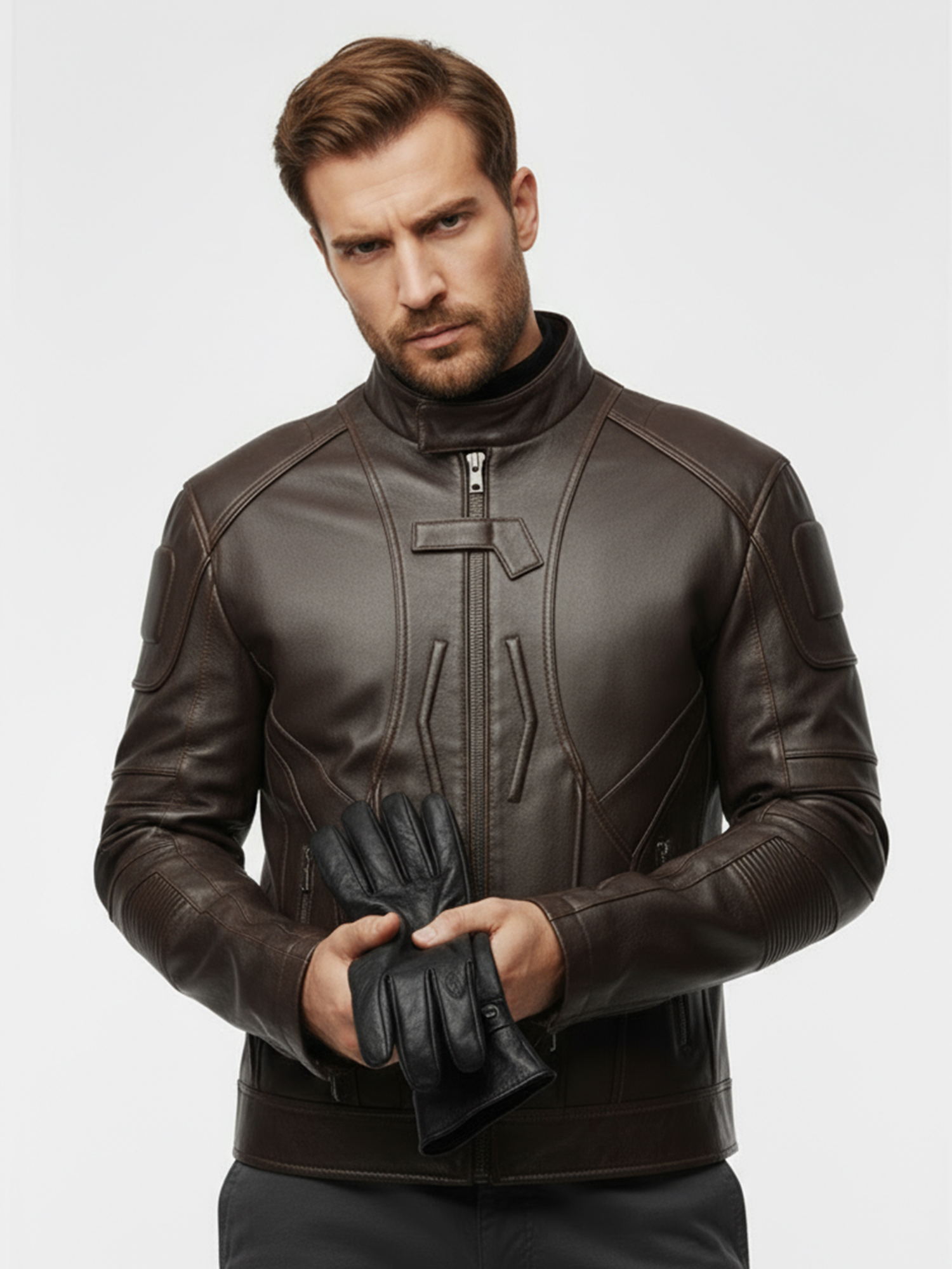 FLAVOR Mens Genuine Leather Riding Jacket Retro Stand Collar Warm Windproof Coat MXGX25-2 