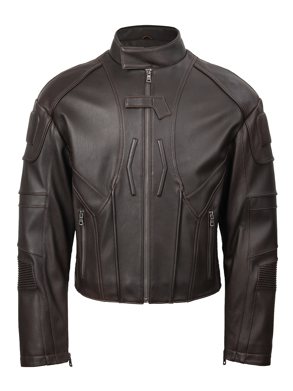 FLAVOR Mens Genuine Leather Riding Jacket Retro Stand Collar Warm Windproof Coat MXGX25-2 