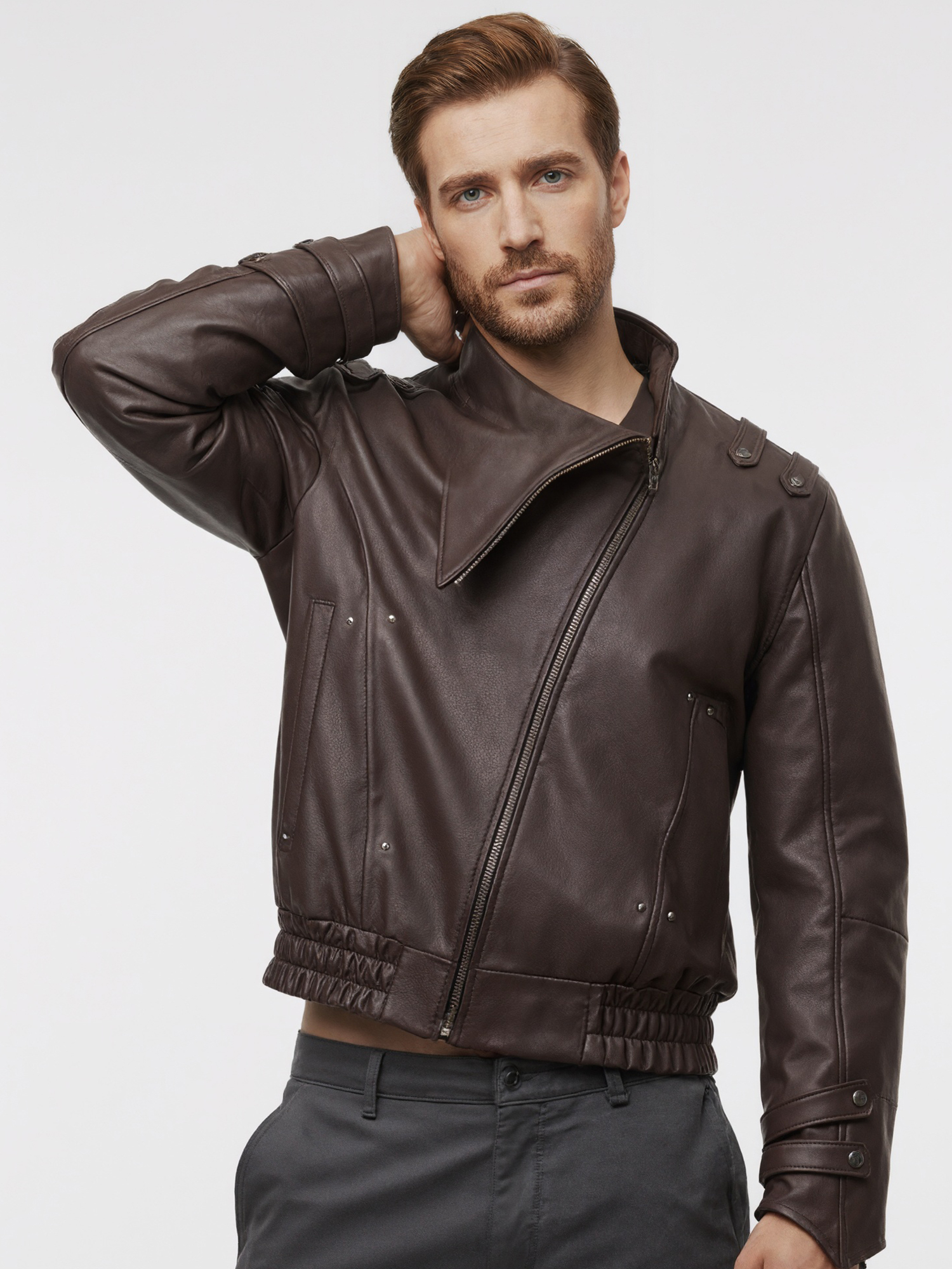 FLAVOR Mens Genuine Leather Motorcycle Jacket Short Stand-Up Collar Biker Jacket Curved Sleeve Design MXGX25-3 