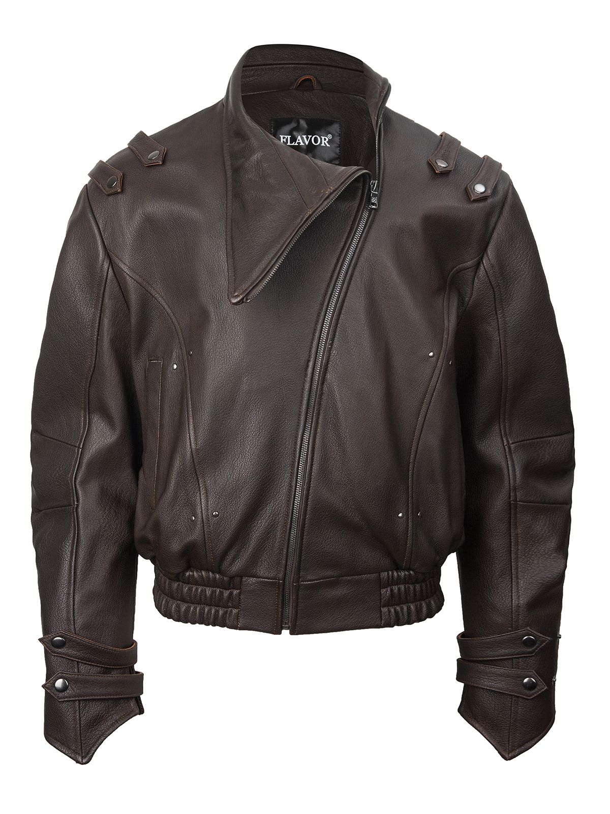 FLAVOR Mens Genuine Leather Motorcycle Jacket Short Stand-Up Collar Biker Jacket Curved Sleeve Design MXGX25-3 
