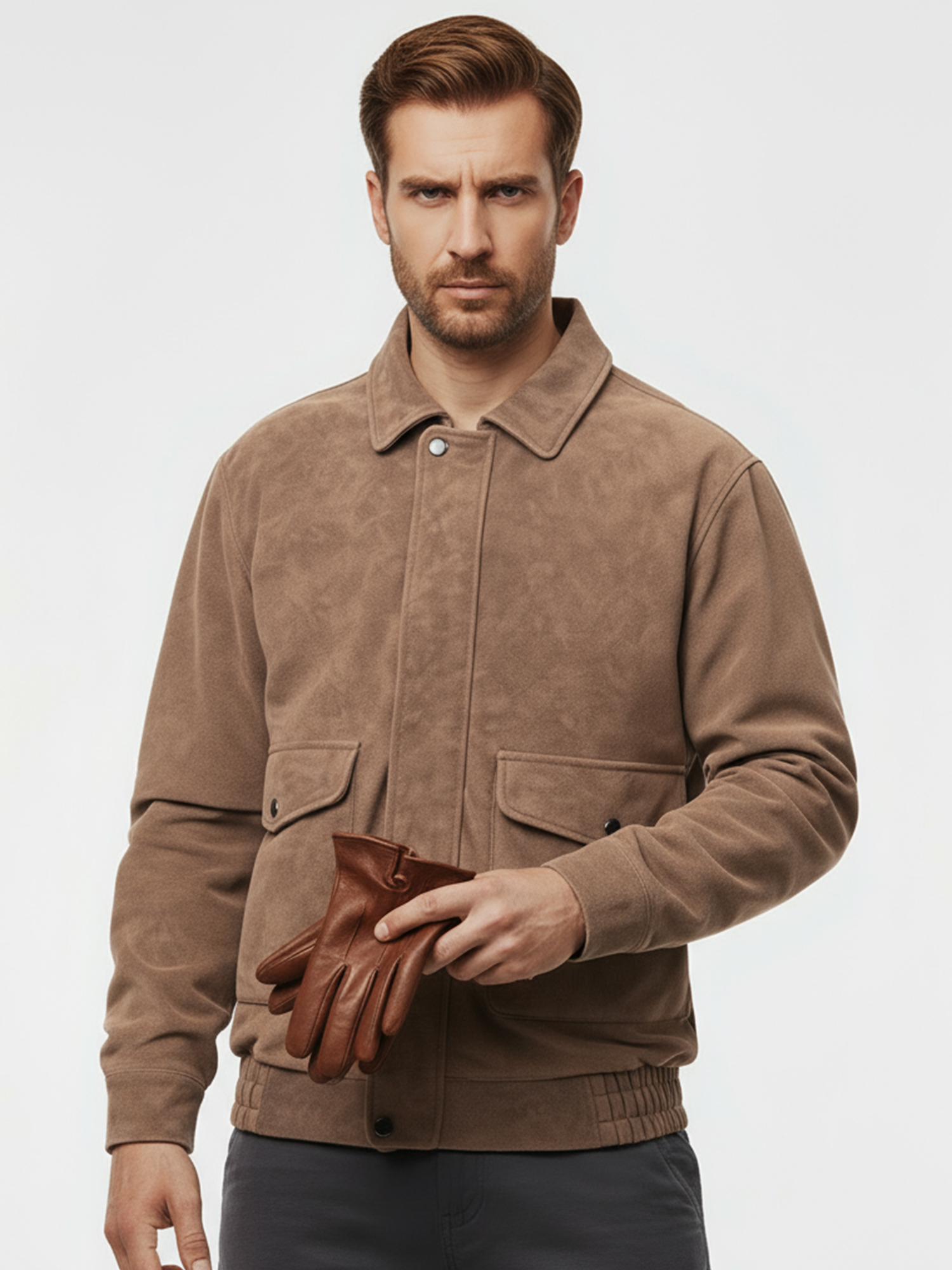 FLAVOR Men's Classic Casual Cowhide Leather Bomber Jacket with Turn-Down Collar MXGX25-5 