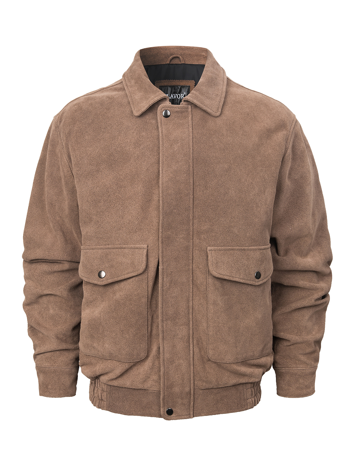 FLAVOR Men's Classic Casual Cowhide Leather Bomber Jacket with Turn-Down Collar MXGX25-5 