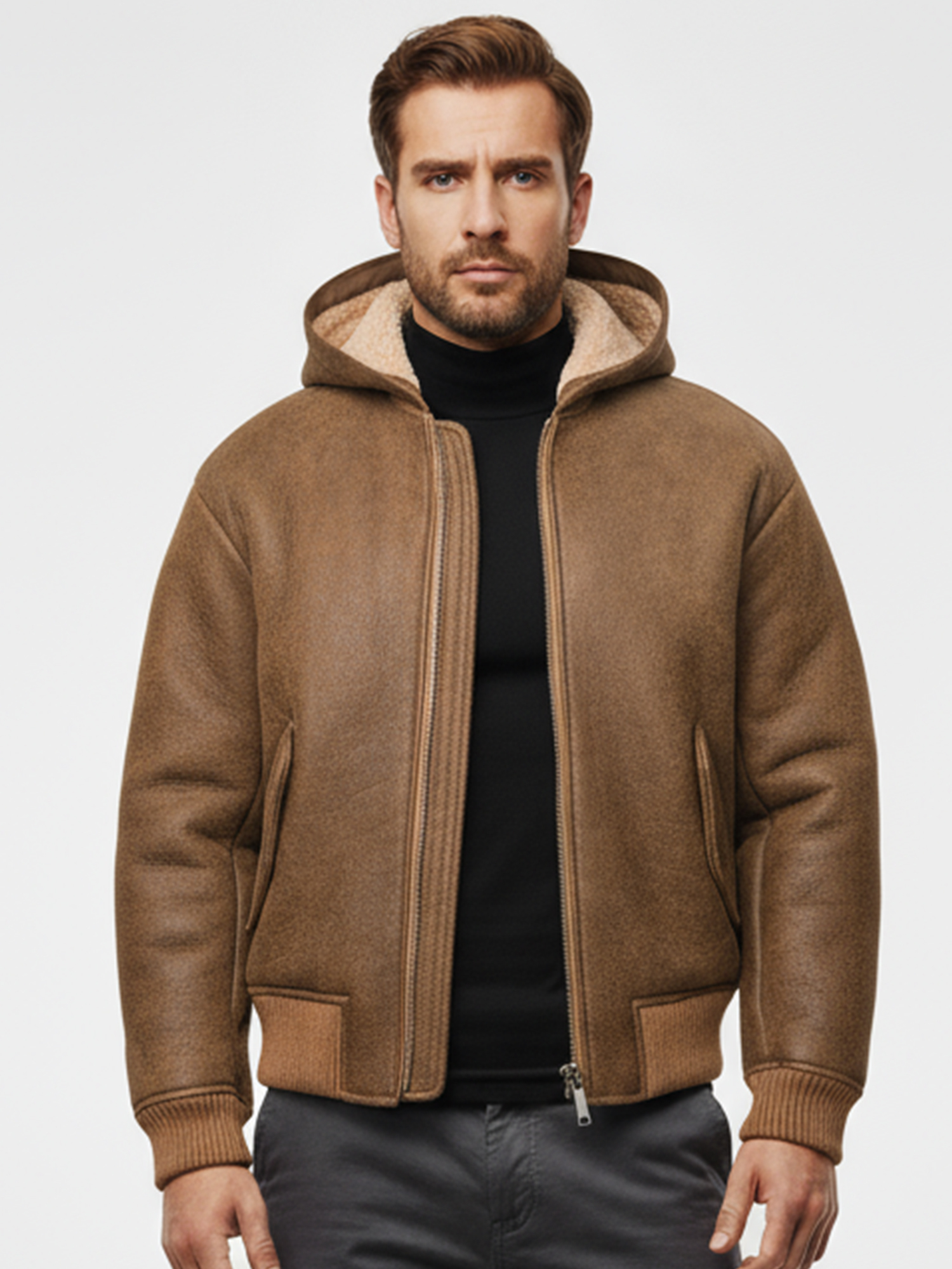 FLAVOR Mens Genuine Shearling Bomber Leather Jacket Hooded Casual Winter Coat MXGX25-28 