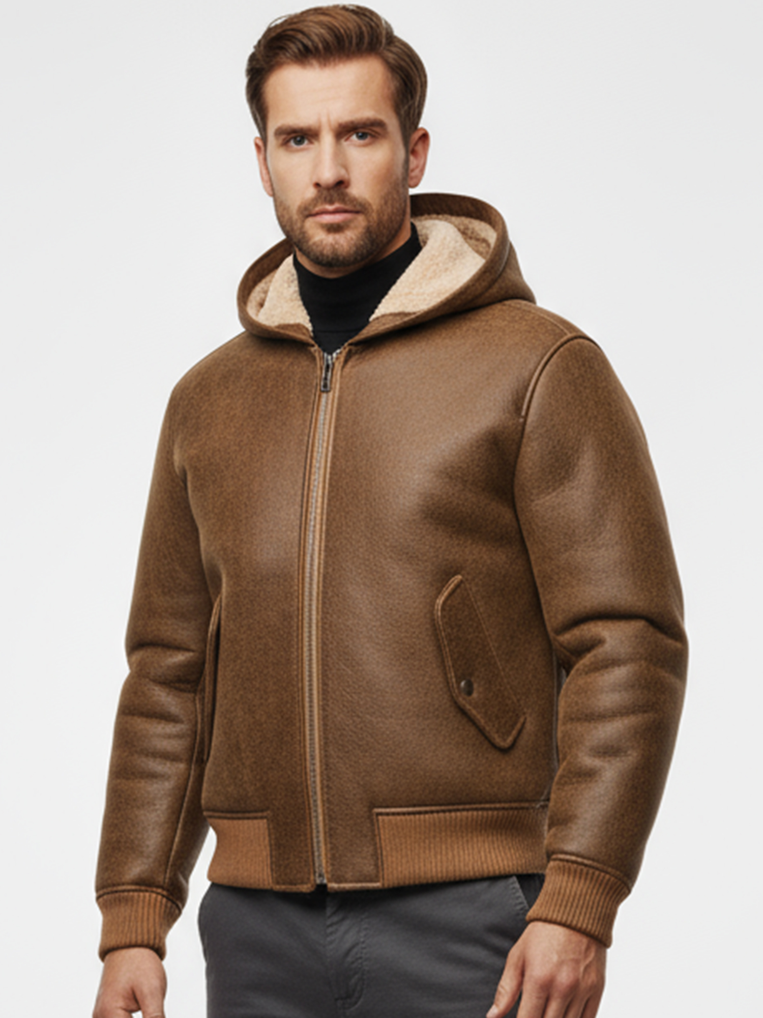 FLAVOR Mens Genuine Shearling Bomber Leather Jacket Hooded Casual Winter Coat MXGX25-28 