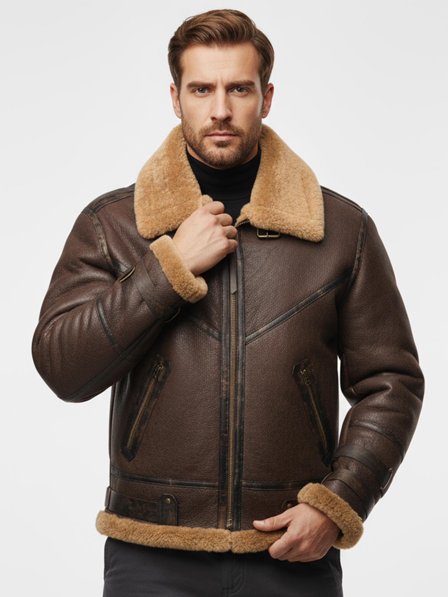 FLAVOR Mens Real Shearling Bomber Jacket Aviator Leather Winter Jacket MXGX25-29 