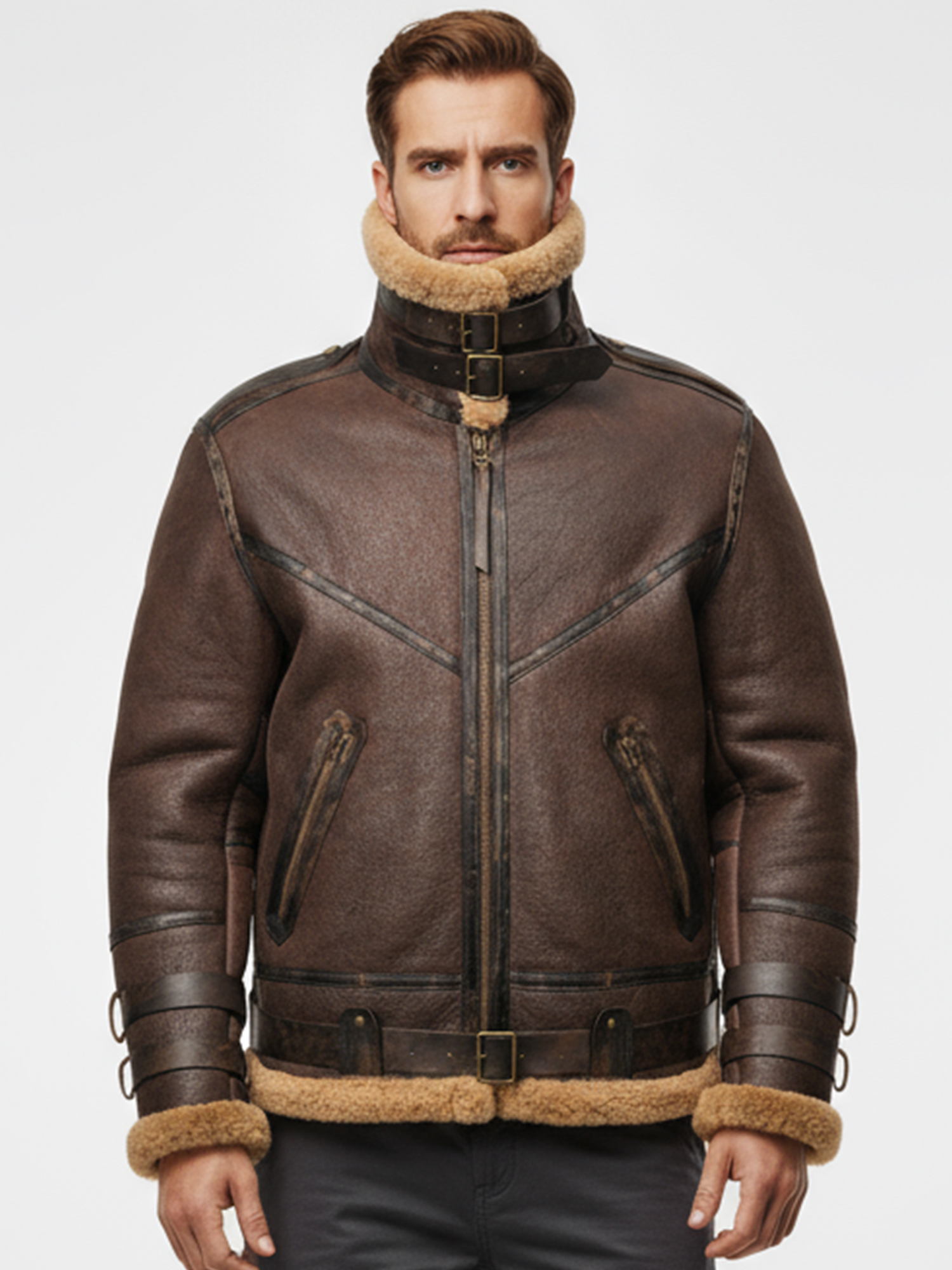 FLAVOR Mens Real Shearling Bomber Jacket Aviator Leather Winter Jacket MXGX25-29 