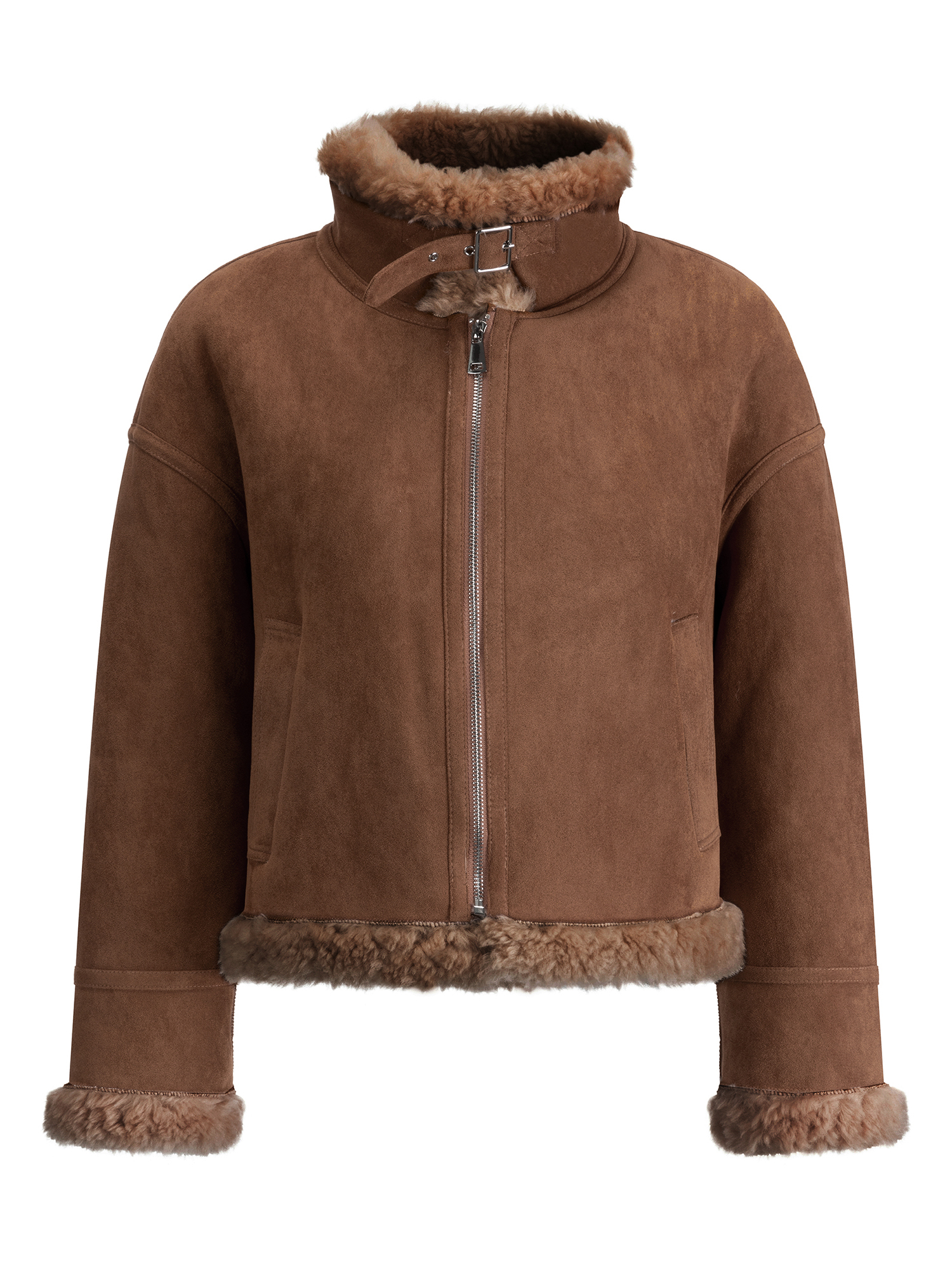 FLAVOR Womens Wool Shearling Bomber Faux Leather Jacket Warm Winter Coat Brown WXGX25-3 