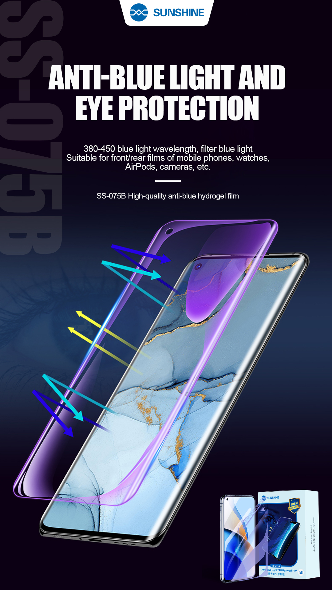 SUNSHINE New products SS-075B Anti blue light TPU films 50pcs/box  SUNSHINE New products SS-075B Anti blue light TPU films 50pcs/box 