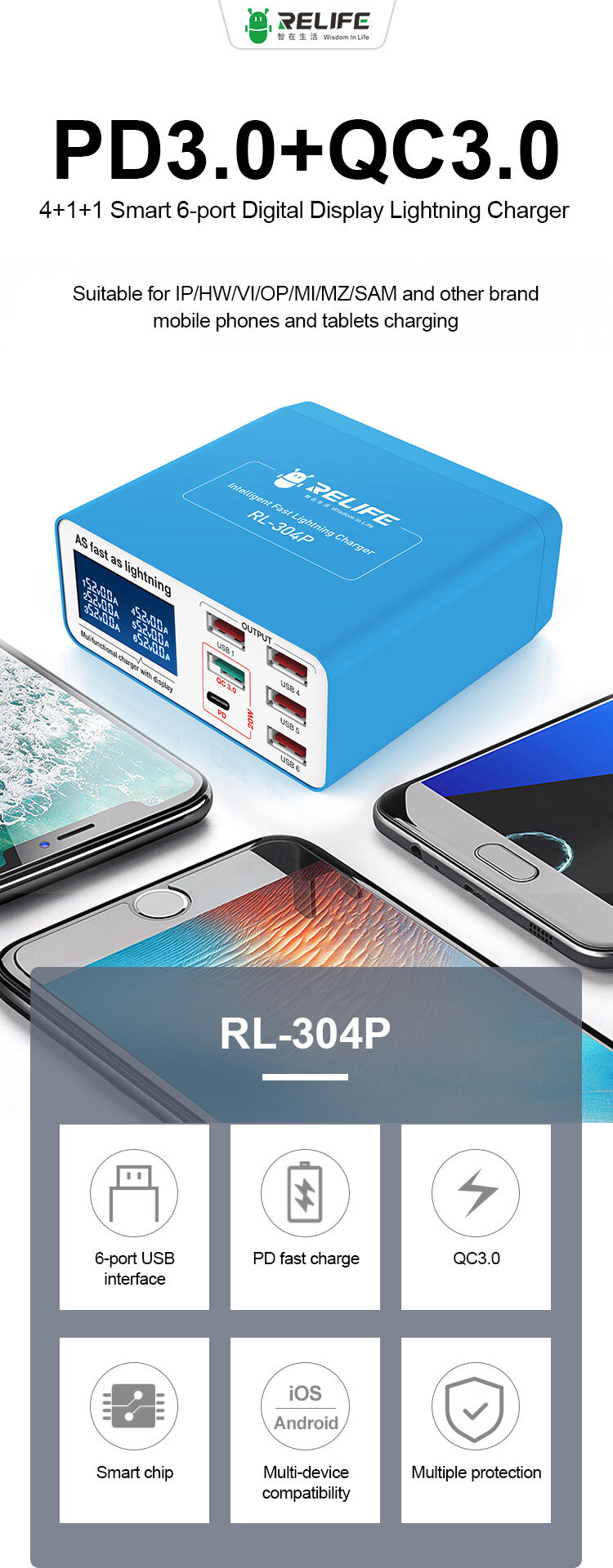 RELIFE RL-304P Smart 6-port digital display lightning charger RELIFE RL-304P Smart 6-port digital display lightning charger