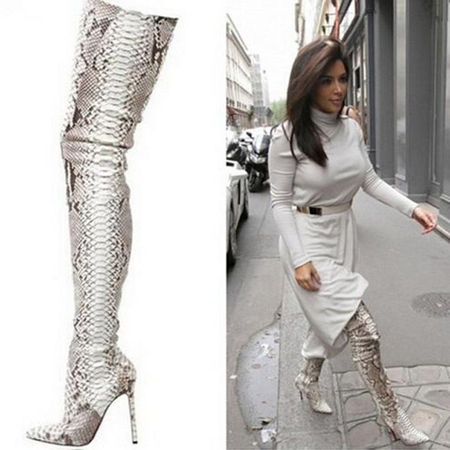 snakeskin thigh high boots