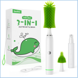Bestidy Electric Baby Bottle Brush Travel Set，Rechargeable Baby Bottle Cleaner with Replaceable Silicone Bottle/Nipple/Straw Brush，50ml Lotion Bottle and Storage Bag，Perfect Gift for Moms，Green