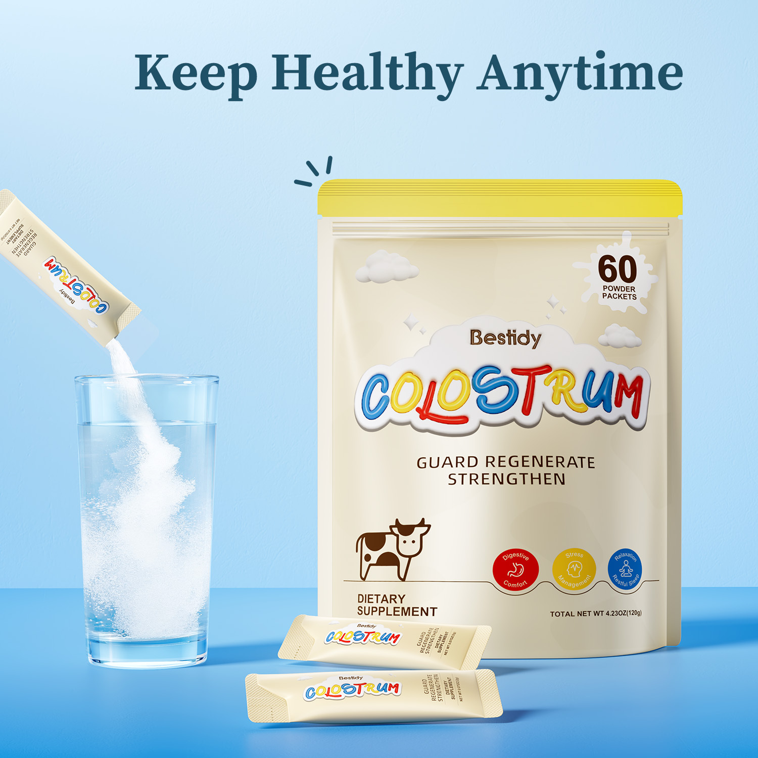 Bestidy Colostrum Supplement,Pure 40% IgG Colostrum Powder for Gut, Hair Growth, Beauty, Individually Packaged,Natural Superfood Bovine Colostrum Powder,(60 Servings) 4.23 Oz